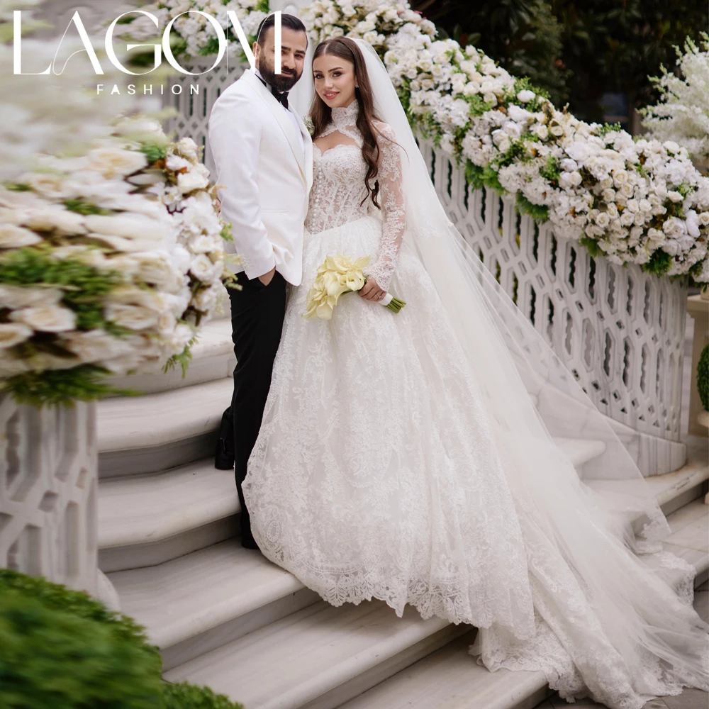 Lagom Unique White High Neck Hollowed-out Full Sleeve Wedding Dress A‑Line Lace Floor‑Length Romantic Vestido de noviaCustomized