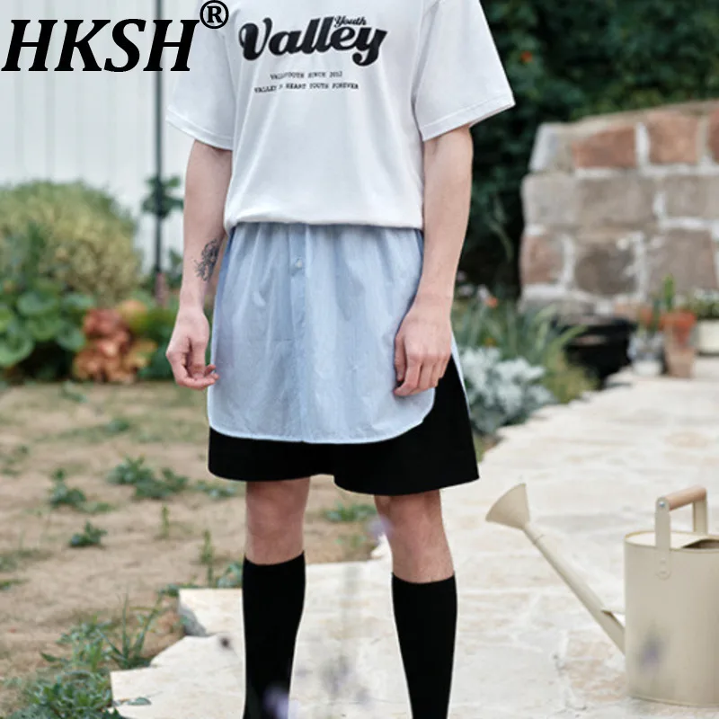 

HKSH Spring Autumn New Man Tide Stripe Layered Fake Two-Piece Shirt Hem Niche Design Chic Ins High Street Fashion Elegant HK8880