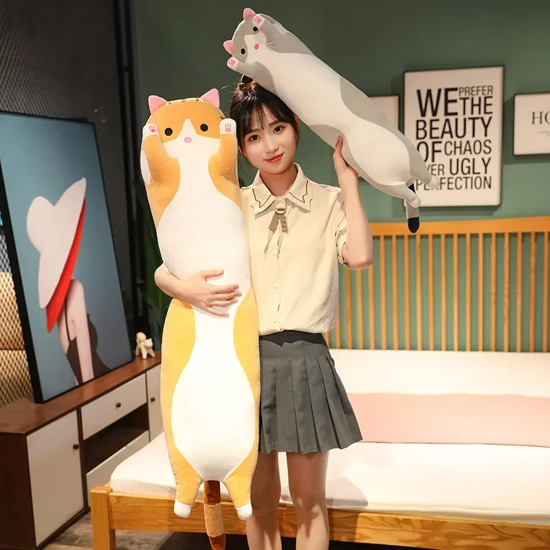 

Милая плюшевая игрушка-кошка, длинная розовая, коричневая, серая подушка для ног с кошками, мягкая кукла-животное, успокаивающий плюшевый подарок