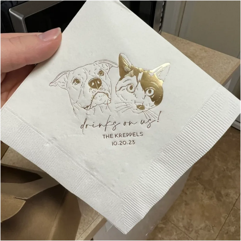 Personalized Illustrated Dog Wedding Cocktail Napkins, Bride Shower Rehearsal Dinner Pet Napkins, Birthday Party Napkins,50Pcs