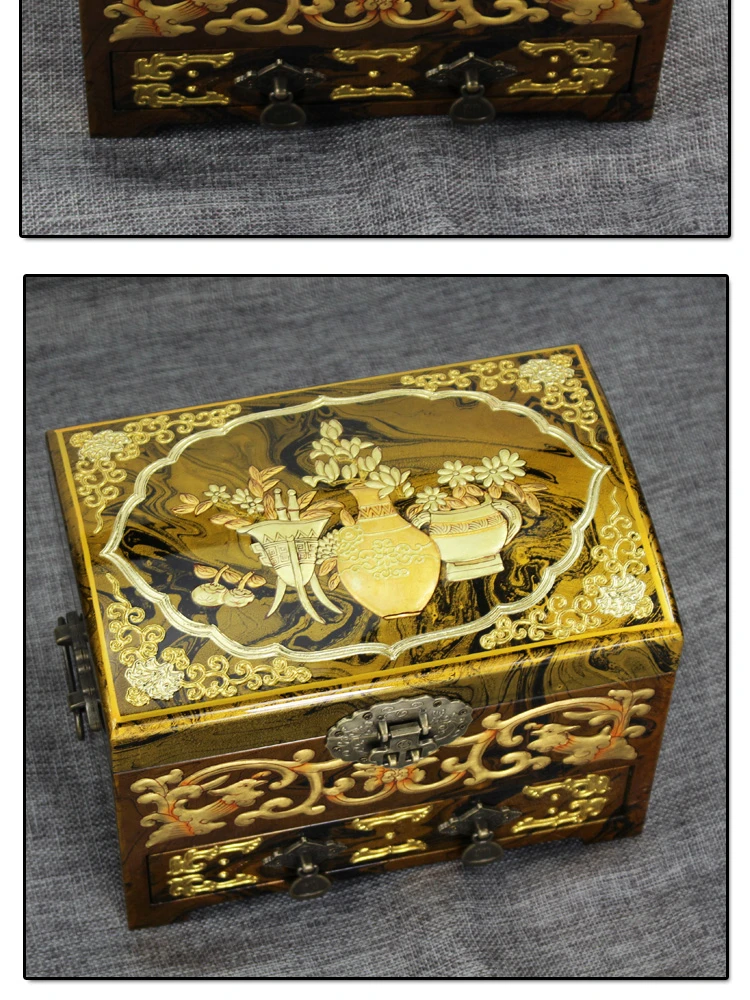 Pusher Lacquer Jewelry Box Wooden Handmade Lacquer Box Multi-Layer High-End Ornament with Lock Jewelry Box Wedding Gift