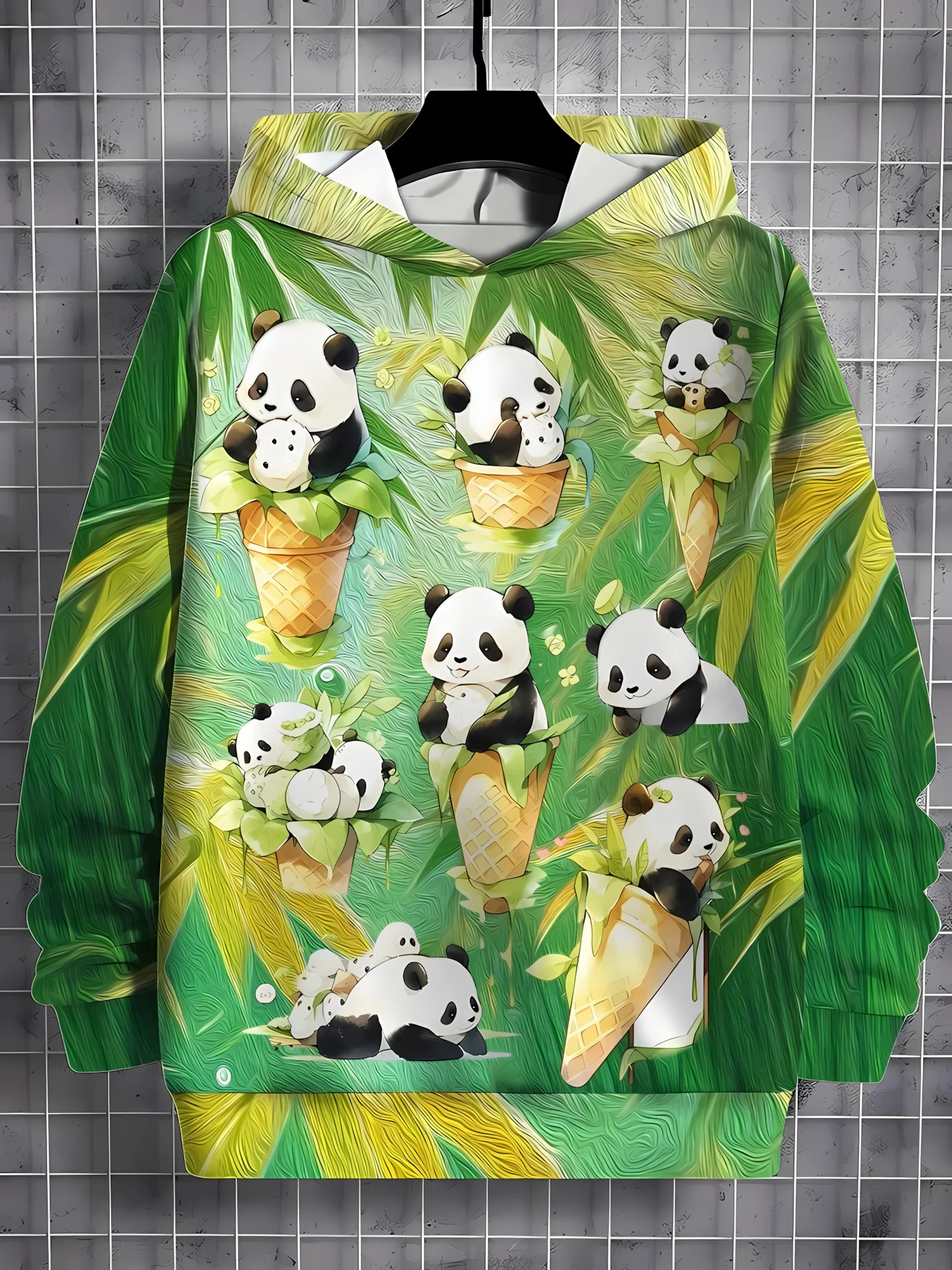 سترة بغطاء للرأس جديدة مريحة للأطفال لخريف 2025 ثلاثية الأبعاد مطبوعة على آيس كريم الباندا بلوفر غير رسمي وعصري