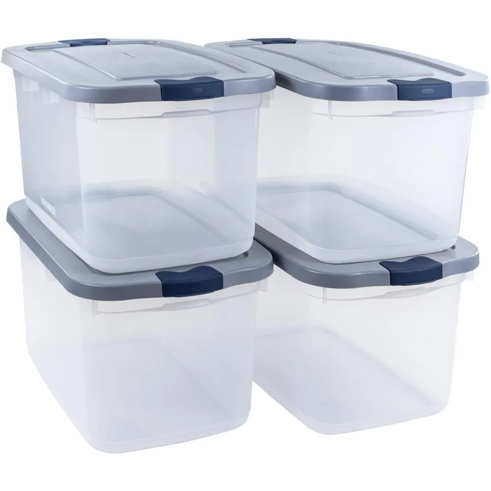 

Rubbermaid Roughneck Clear 66 Qt/16.5 Gal Storage Containers, Pack of 4 with Latching Grey Lids, Visible Base, Sturdy and