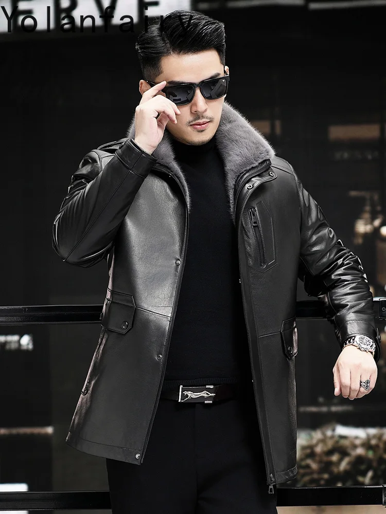 YOLANFAIRY سترة جلدية أصلية للرجال بقلنسوة شتوية فاخرة 2025 معطف بطانة من فرو المنك بالكامل معاطف دافئة من الفرو الحقيقي ملابس للرجال
