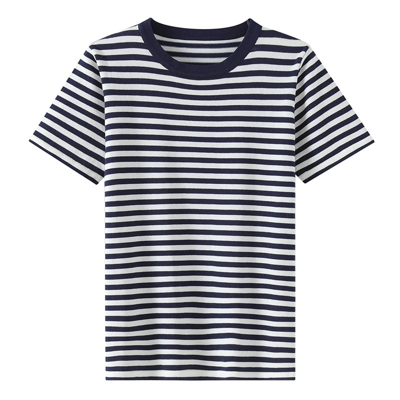 

Summer Short-Sleeved Women's O-Neck Slim Fit Pullover T-Shirt 100% Cotton Striped Knitted Vest Casual Comfortable Sweater