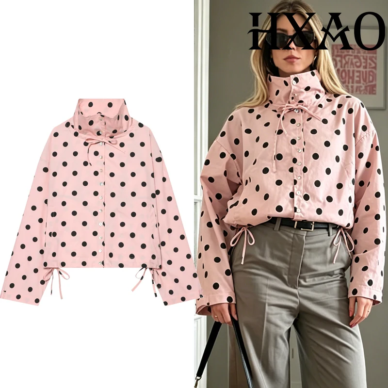 HXAO Polka Dot Damen-Frühlingsjacke, süße Bomberjacke mit Knöpfen, schicke, langärmlige, kurze Jacke mit Schnürung, lockere Oberbekleidung