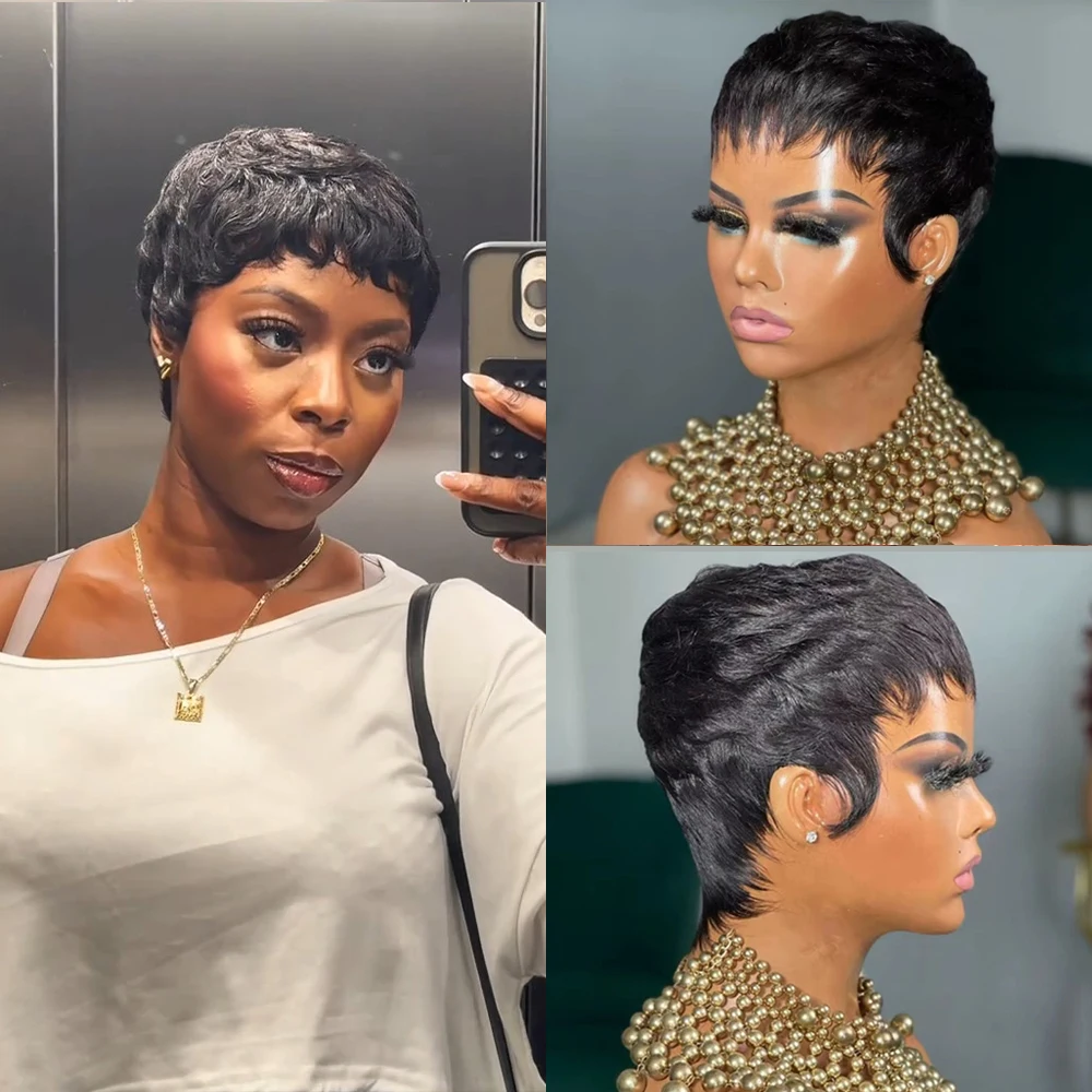 

Женский парик из 100% бразильских натуральных волос Реми - короткая стрижка пикси, натуральный черный цвет, с челкой, плотность 150%, предварительно проработанная линия роста волос, прямые волосы