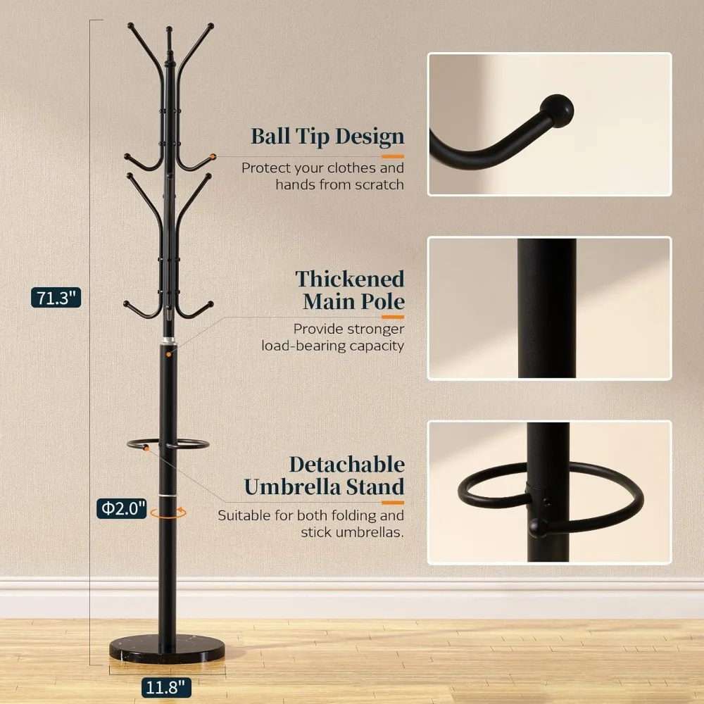 Metal Coat Rack Freestanding with Marble Base, Coat Tree with 12 Hooks & Umbrella Holder, Coat Hanger Stand