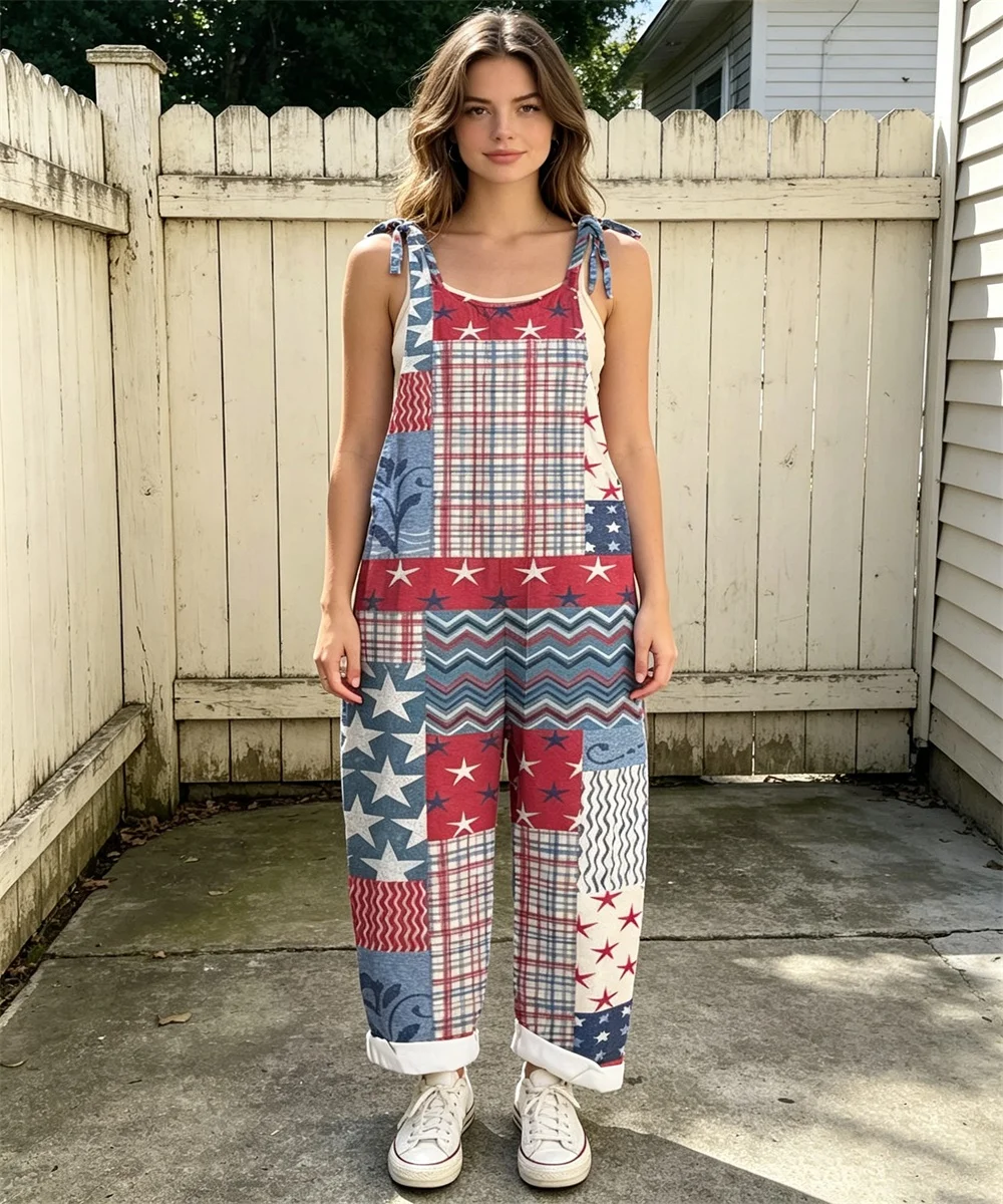 2026 Women's new block splicing retro ethnic print comfortable jumpsuit, off shoulder sleeveless loose jumpsuit