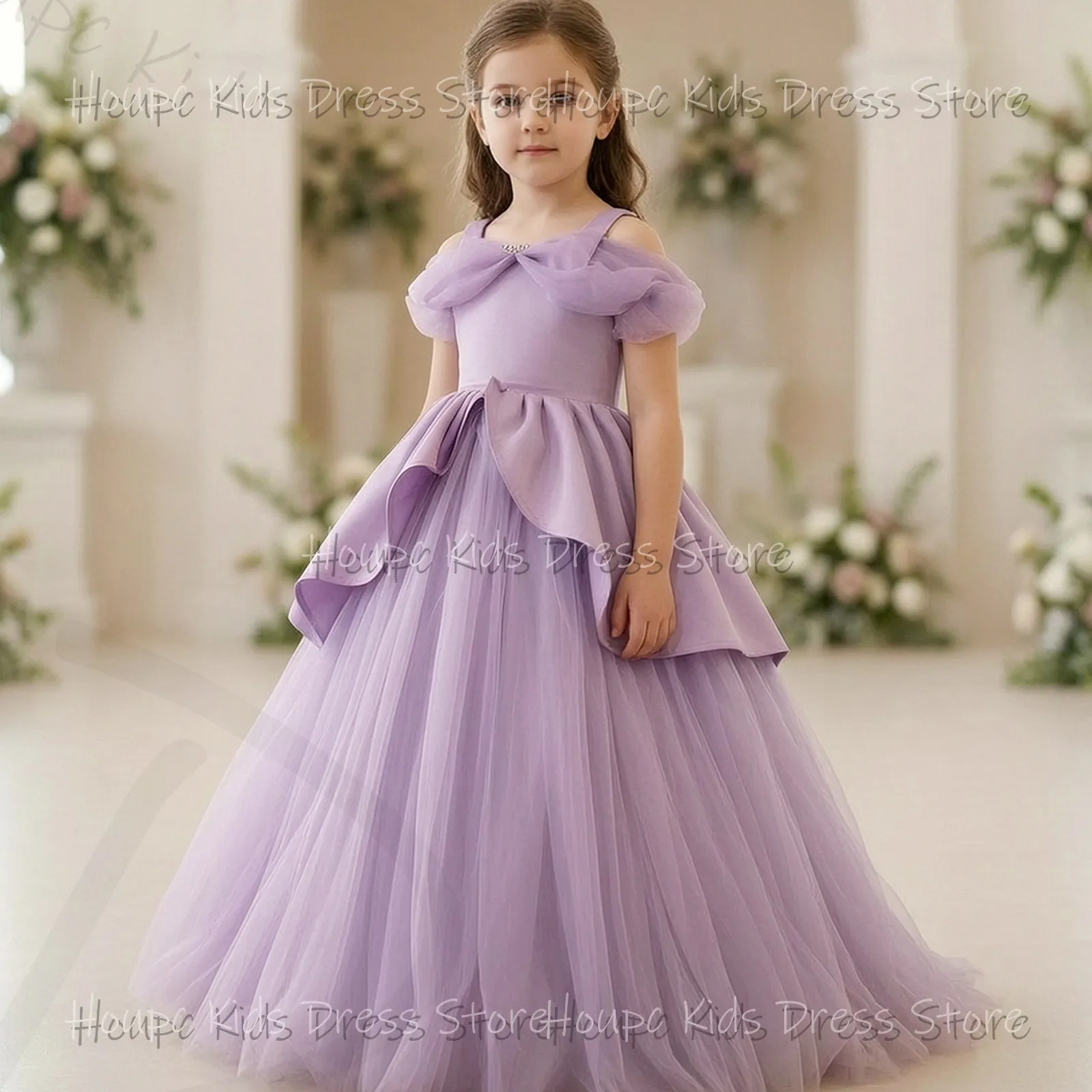 Wedding Custom Flower Girl Dresses Princess Style Tulle Satin Off Shoulder Bow Floor-Length  Birthday Party