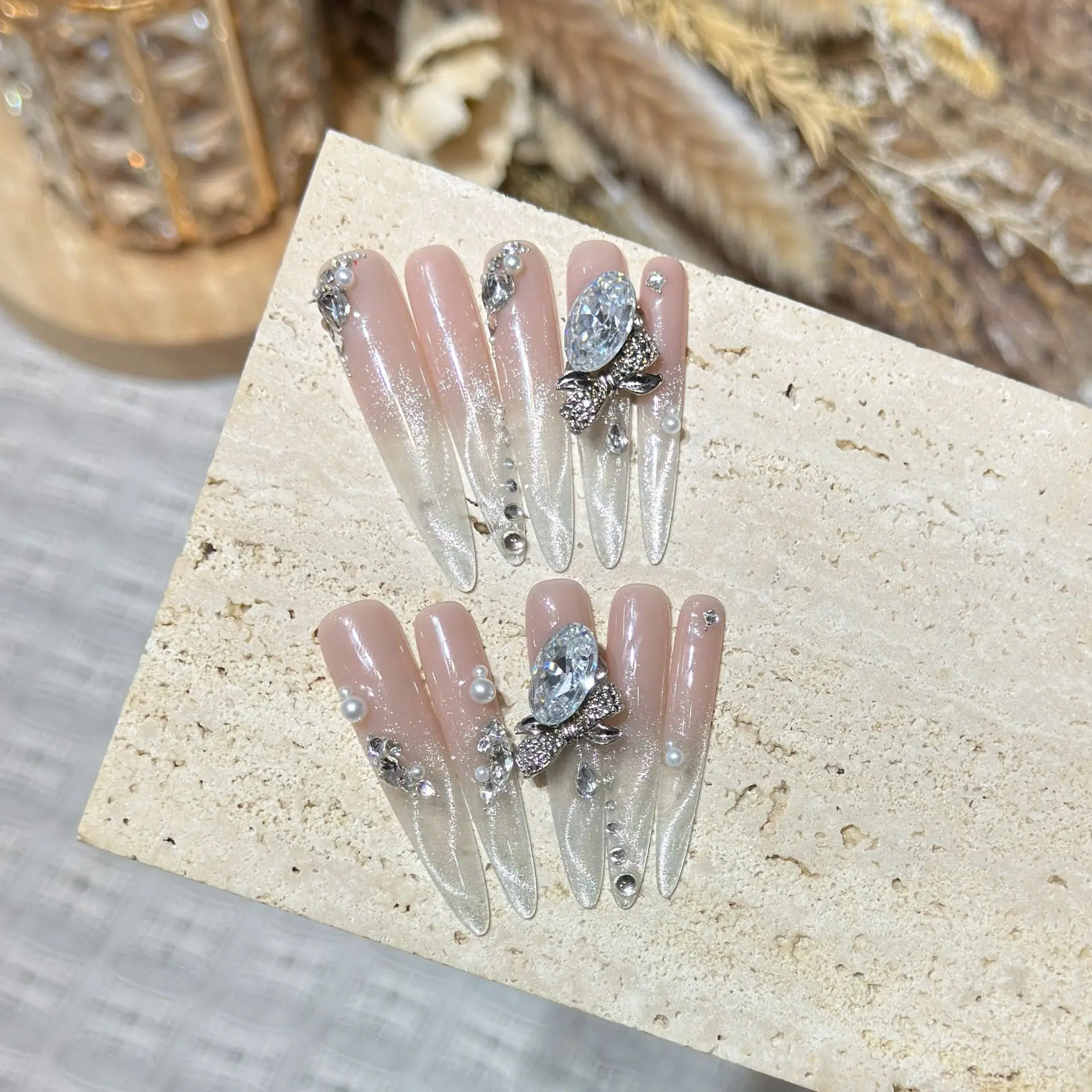 10Pcs Handmade Press On Nails Long Stiletto Nude Pink Gradient with Silver Glitter, 3D Bow&Pearl Reusable False Nails for Women