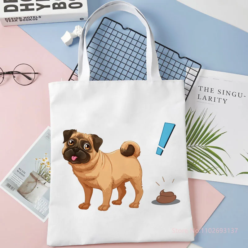 Women Linen Shoulder Corgi Pug Dog Animal Handbag Ladies Casual Tote Bag Large Capacity Reusable Shopping Bag Simple Student Bag