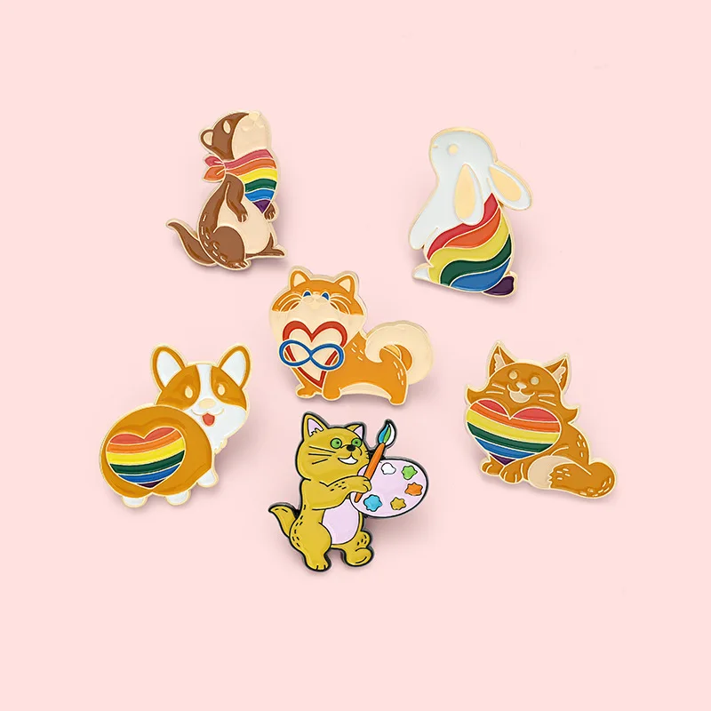 Rainbow Heart Animals Enamel Pin Custom Cat Rabbit Corgi Squirrel Brooches Bag Lapel Pin Badge Jewelry Gift for Friends