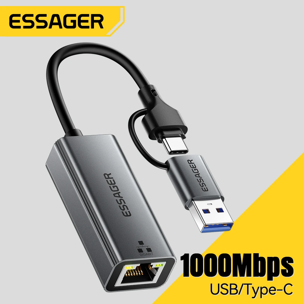 

Essager 2 in 1 USB A TypeC To Rj45 Lan Ethernet Adapter 1000Mbps Gigabit Card Network Card for PC Macbook Windows Laptop iPad