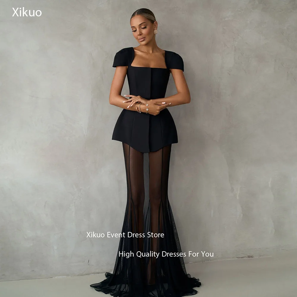 

Xikuo Short Sleeves See Through Evening Dress Illusion Wedding Party Dress Square Collar Vestidos De Fiesta Elegantes Customized