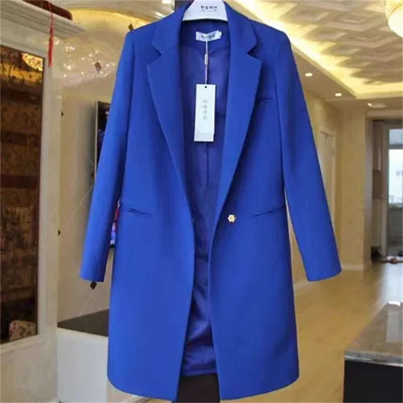 Korean Women Blazer Solid Casual Long Coat Loose Wide Shoulder Ovecoat One Button Office Lady Top Woman Jacket Spring Autumn