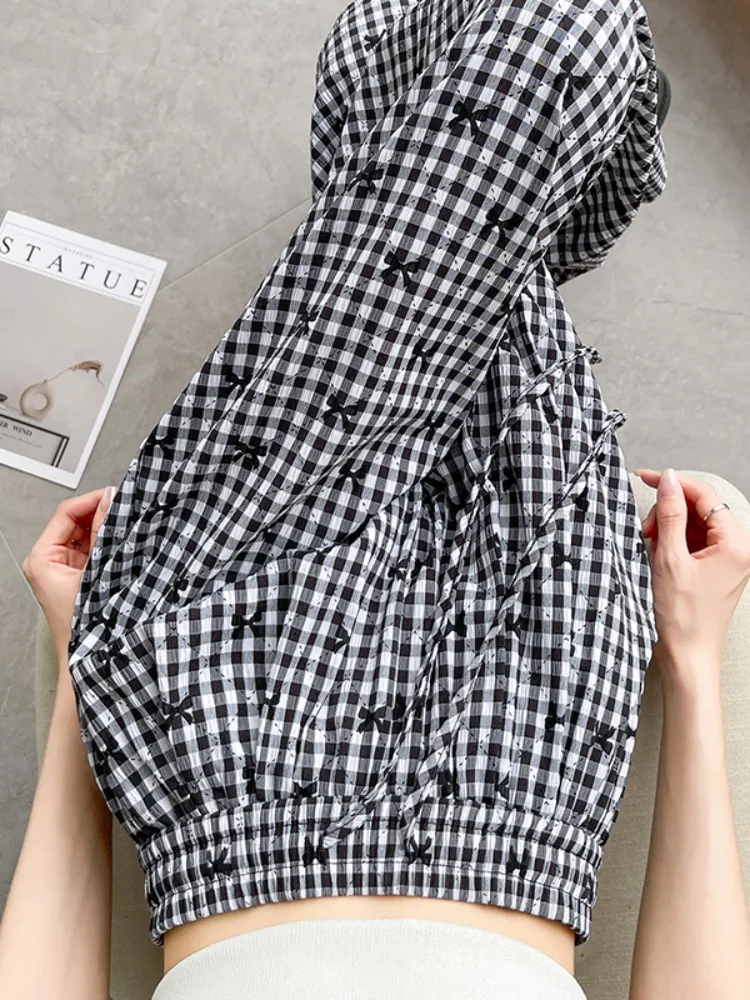 Pantalones informales Retro de cintura alta con bordado a cuadros para mujer, novedad de verano, pantalones largos de pierna ancha para caminar adelgazantes con nudo