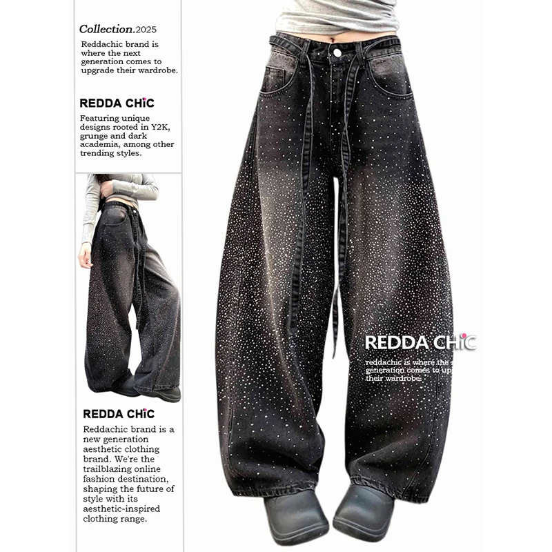 

ReddaChic женские джинсы с блестящими стразами, свободные широкие брюки с заниженной талией и поясом, Kpop, уличная одежда в стиле гранж