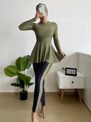 3pcs Muslim Modest Burkini Femms Army Green patchwork ruffled belly swimsuit long sleeve trousers round neck Swimwear with Hijab