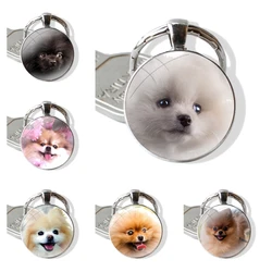 Pomeranian dog Cartoon Creative Design Fashion Keychain Handmade Glass Cabochon Key Ring Holder Pendant Key Chains