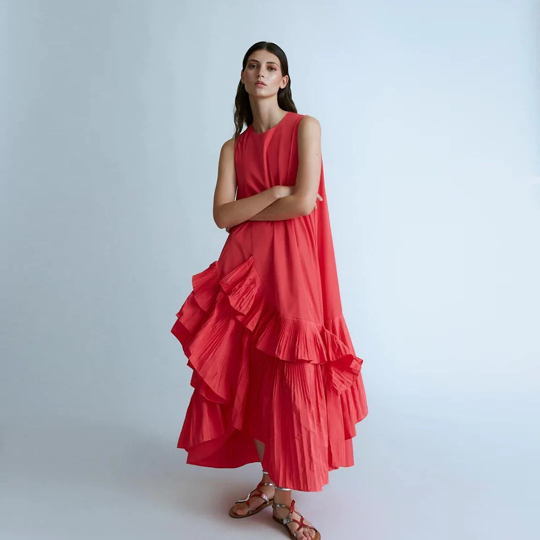 

Fashion Loose Satin Maxi Dresses Women Clothes Ankle Length Sleeveless Long Party Dress Pleated Ruffled Satins Casual Dresses
