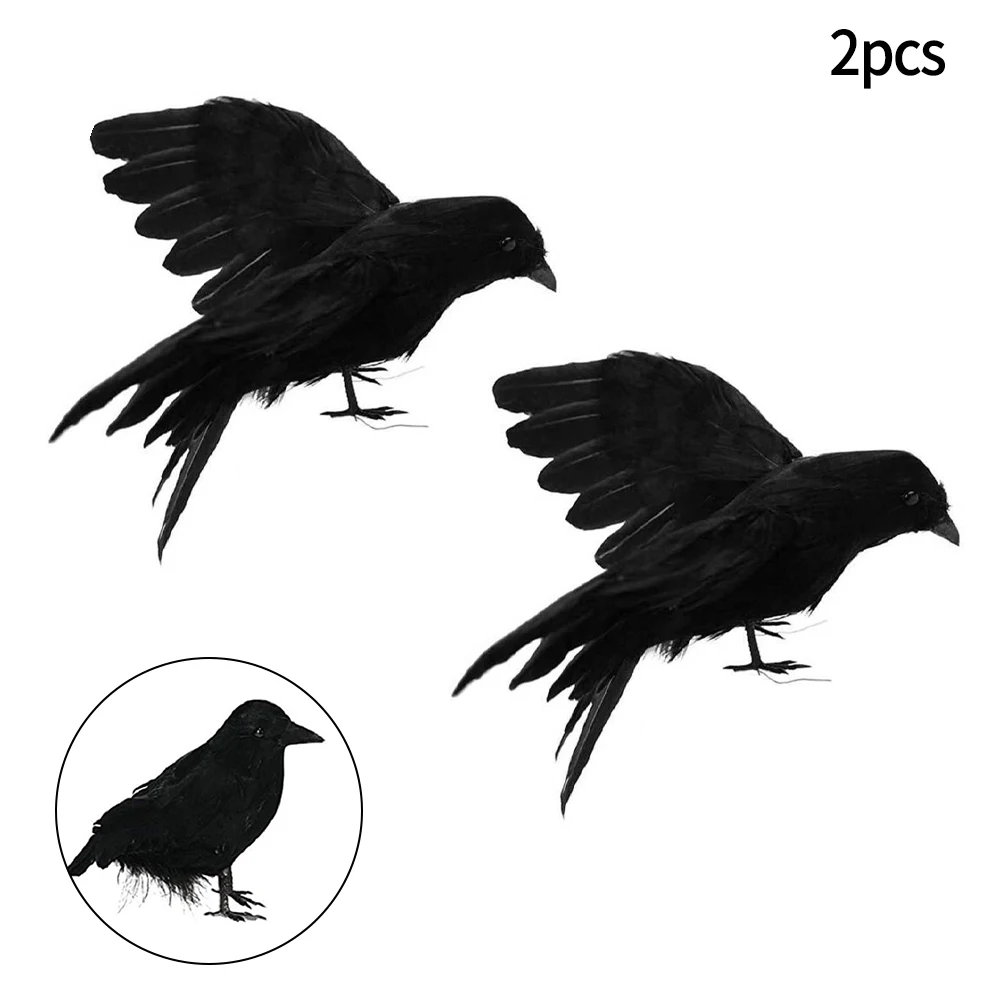 Halloween Decor Lifelike Black Feathered Raven Halloween Decor Lifesize Crow Prop for Pranks and Horror Stories 2PCS