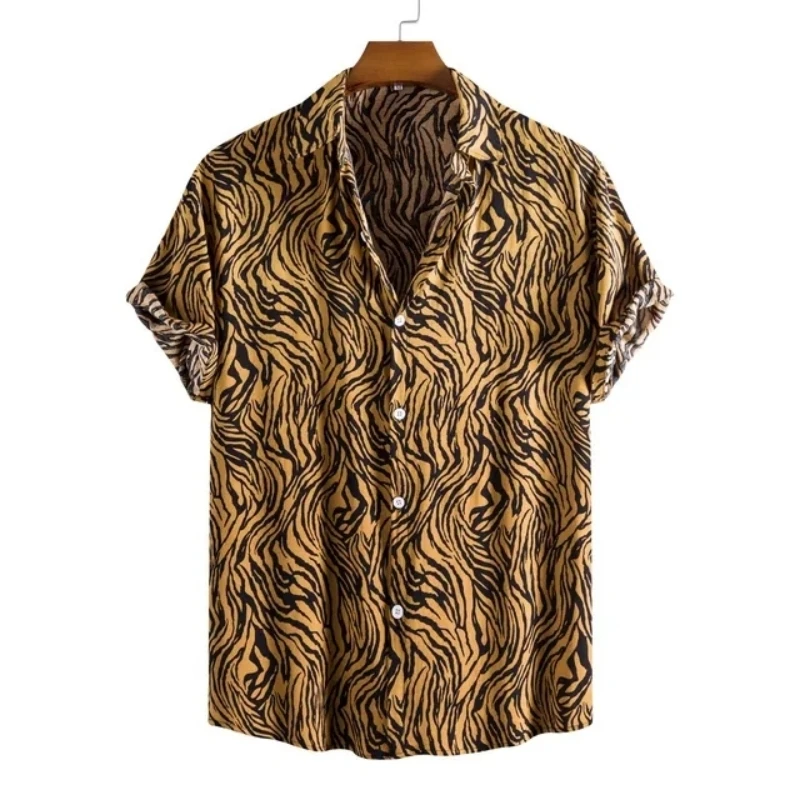 Leopardo Masculina Camisa Masculina Floral Sexy Havaiana, Slim Fit, Manga Curta, Festa, Praia, Casual, Roupa de Homem, Social, Retro