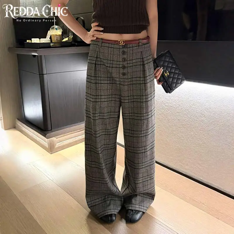 ReddaChic Women Pleated Wide Leg Tweed Pants Work Tartan Cleanfit Button Down High Rise Straight Suit Pants Fall Winter Costume