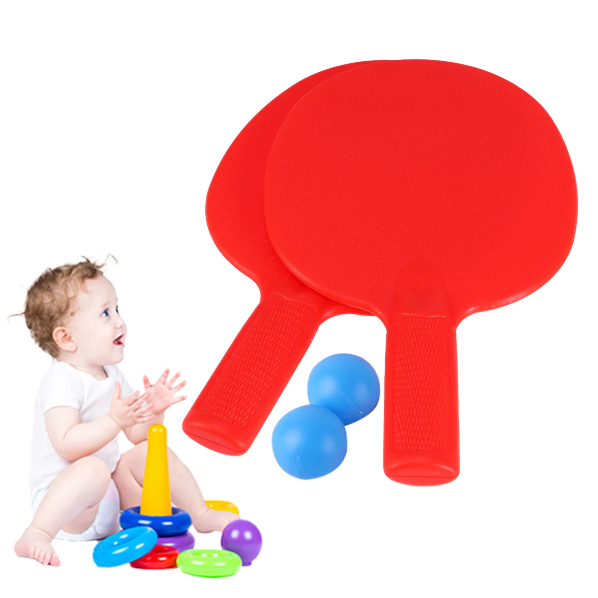 

1 Pair Plastic Table Tennis Racket For Kids Durable Lightweight Grip Handle Red Suitable For Sports Training Children'S