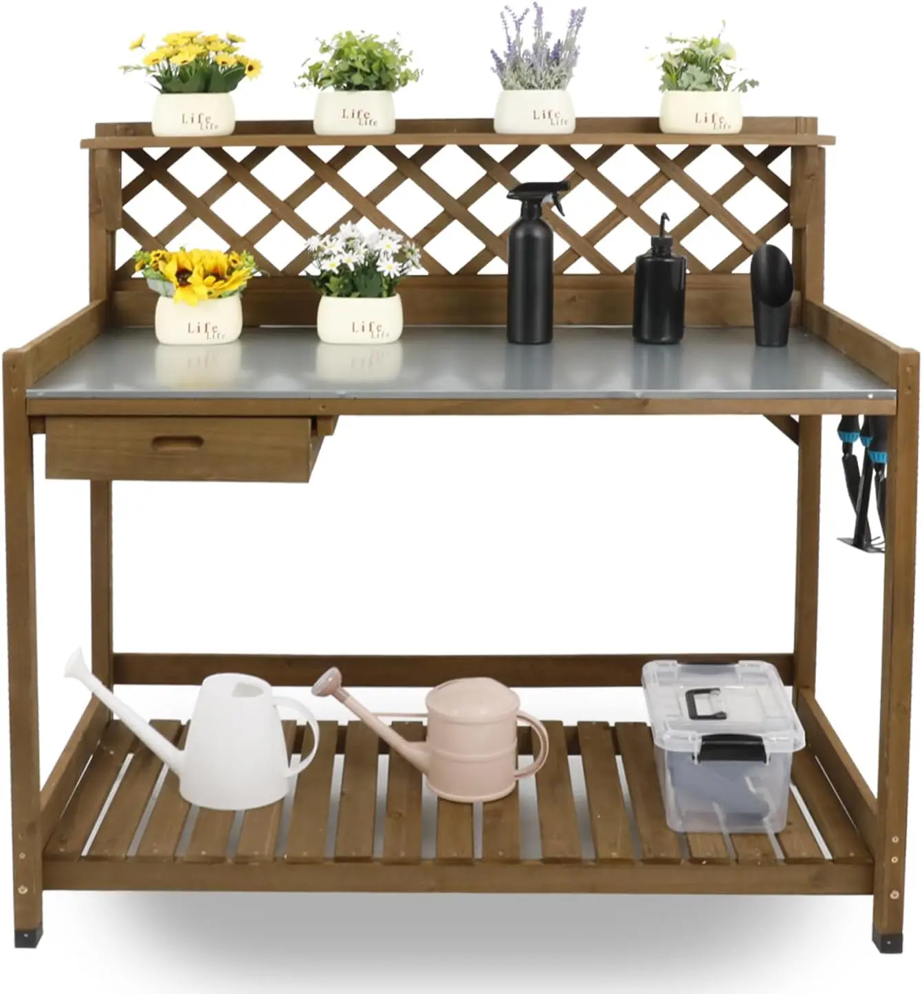 

Petscosset Garden Potting Benches & Tables, Outdoor Wooden Work Station W/Metal Table Top, Drawer, Large Bottom Shelf, Open
