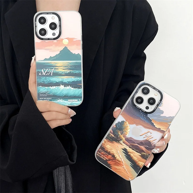 Art Field Oil Painting Phone Case For iPhone 14 11 12 13 Pro Max Cover Fashion Laser Silicone Shockproof Cases For 14pro Funda