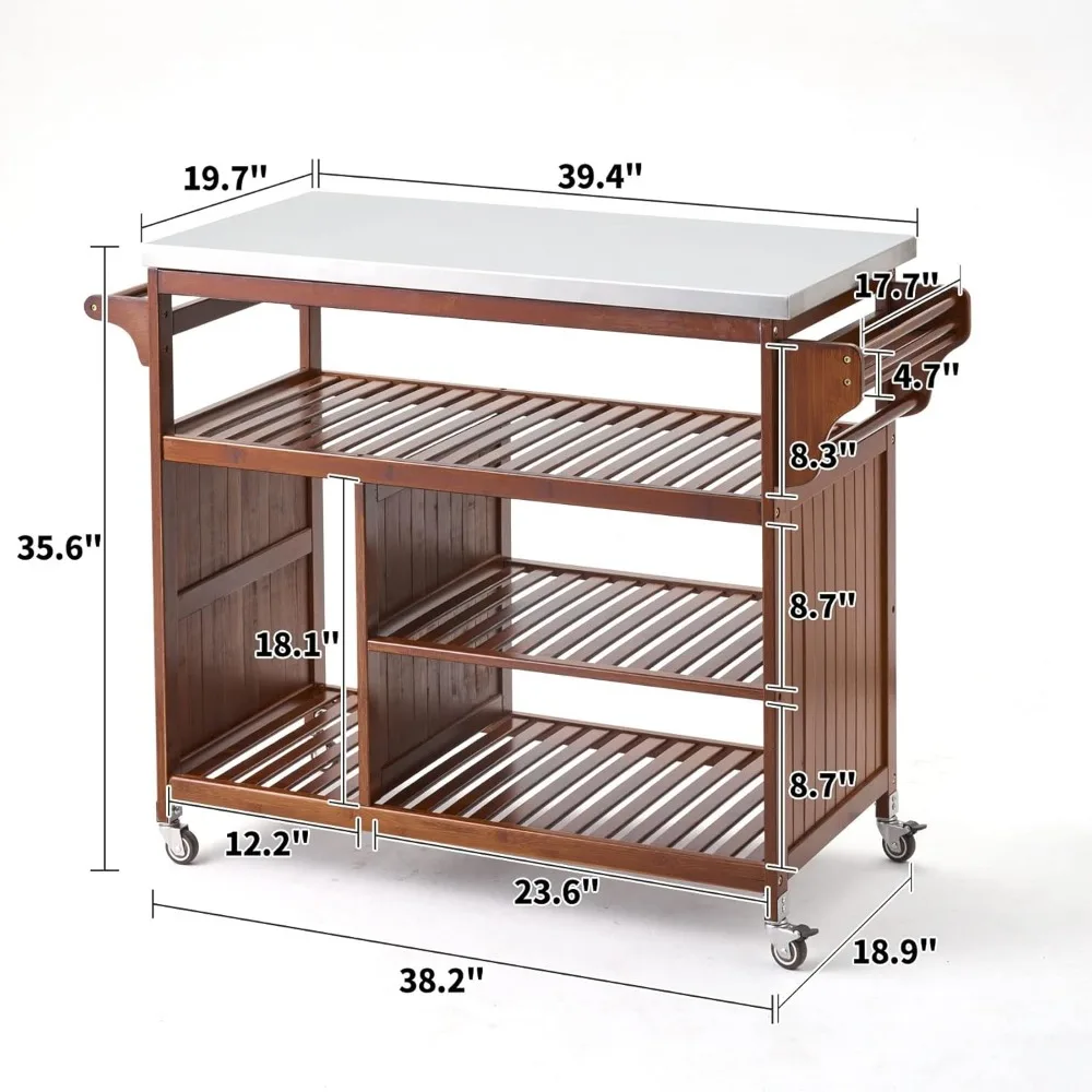 Chariot de cuisine en bambou, chariot utilitaire à roulettes, dessus en acier inoxydable Chariot DingRolling, table de travail de cuisine, chariot de préparation de nourriture pour barbecue en plein air
