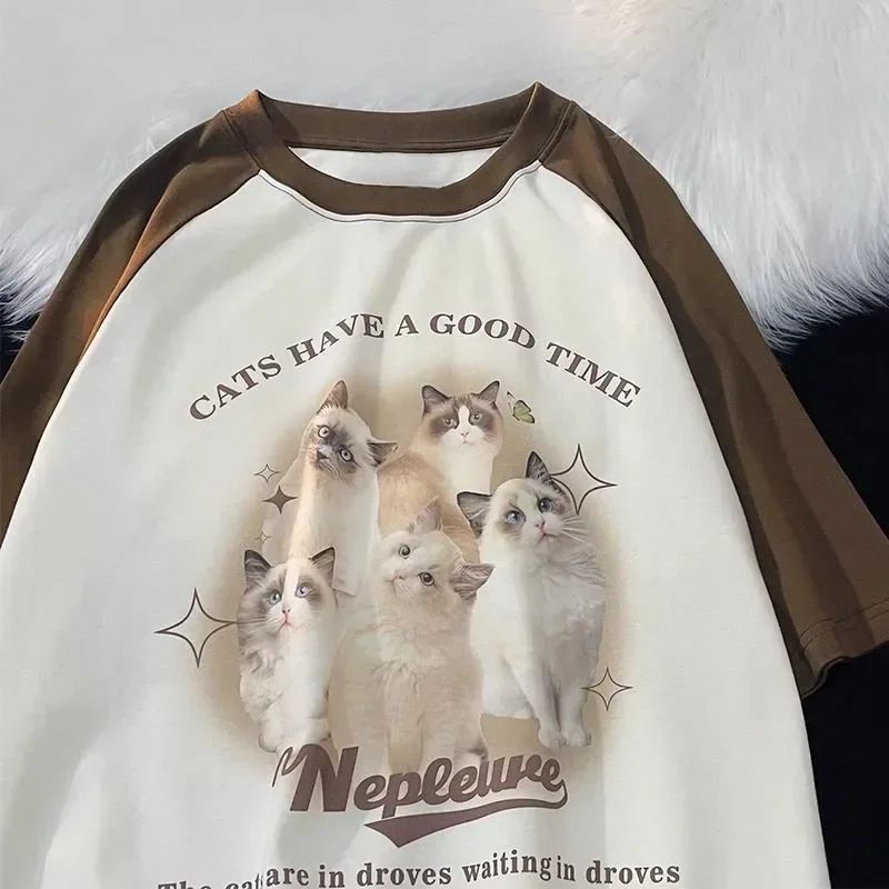 

Cotton Cute Cat Graphic T shirt Summer Fashion Loose Women Vintage Personality Fresh art kawaii clothes Short Sleeve Tops