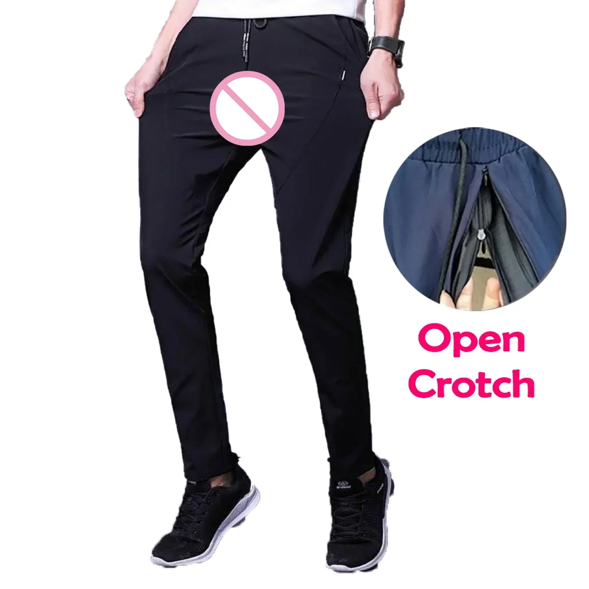 Man Sexy Open Crotch Pants Invisable Zipper Crotchless Gay Sweatpants See Through Trousers with Hole Outdoor Sex Costume Adult