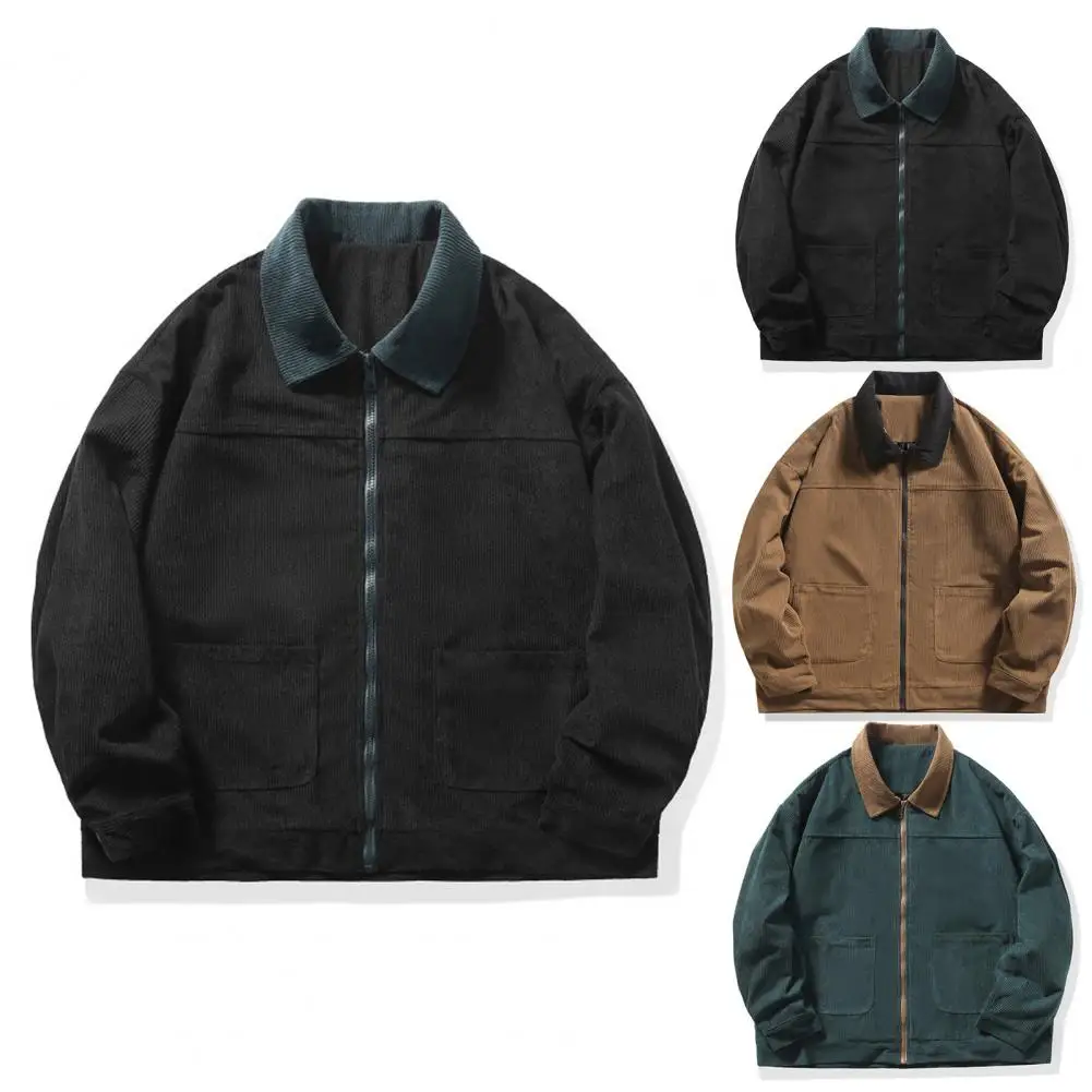 Men Corduroy Jacket Lapel Collar Long Sleeve Patchwork Color Casual Jacket Coat With Pockets Zipper Placket Outwear Windbreakers
