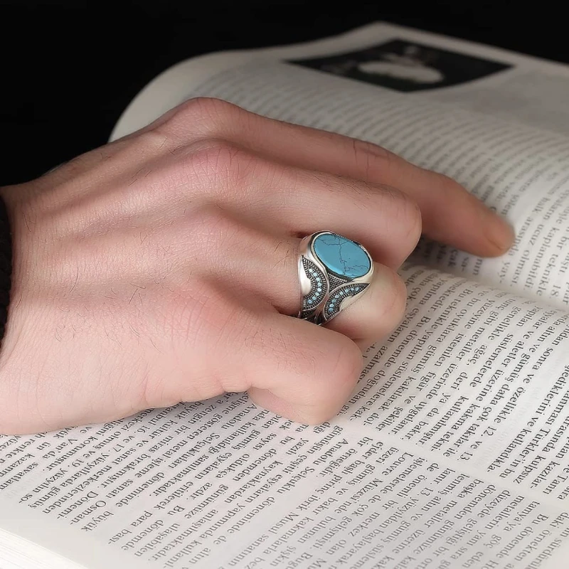 Fashionable retro turquoise men's business ring