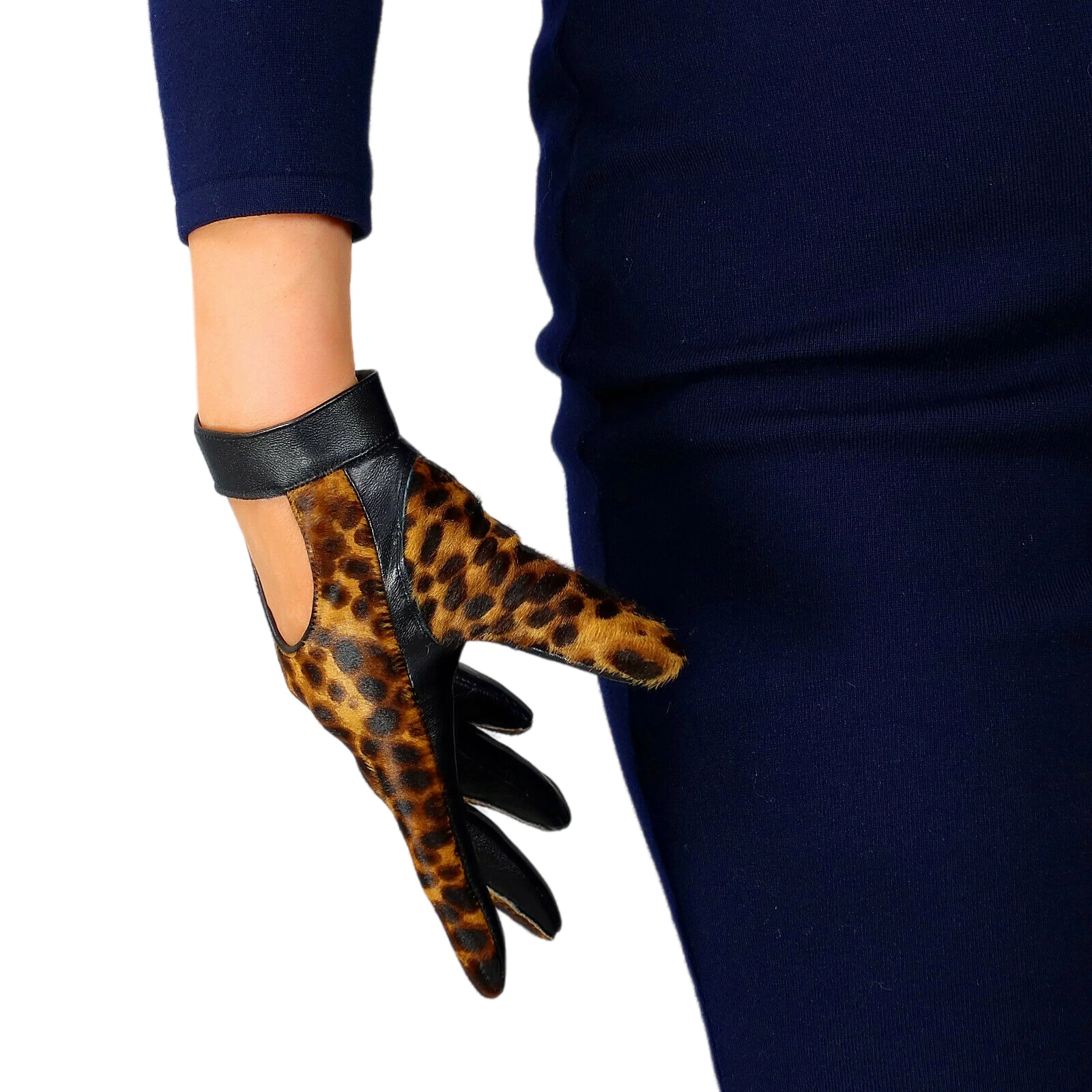 DooWay Women's Brown Leather Gloves Leopard Animal Skin Print Two-Tone Hollow Back Genuine Sheepskin Wild Fashion Short Glove