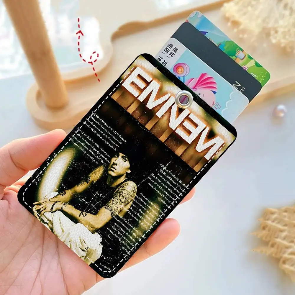 Rapper Singer E-Eminem 1Pc Access Card Case Leather Card Holder Keychain Key Ring Door Access Tags ID Card Case Keychain