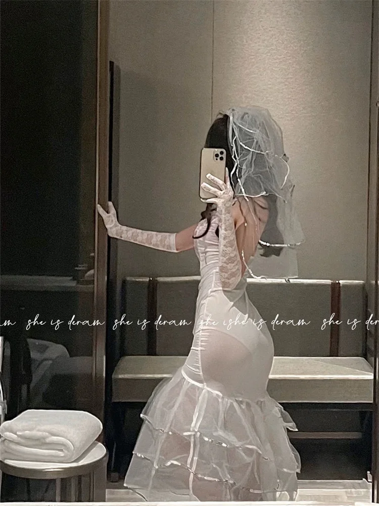 Plus Qunque Sexy Women Bride Cosplay Uniform Bridal lingerie Maid Lace Bikini anime Costume Wedding Dress Ladies Bra Panty White