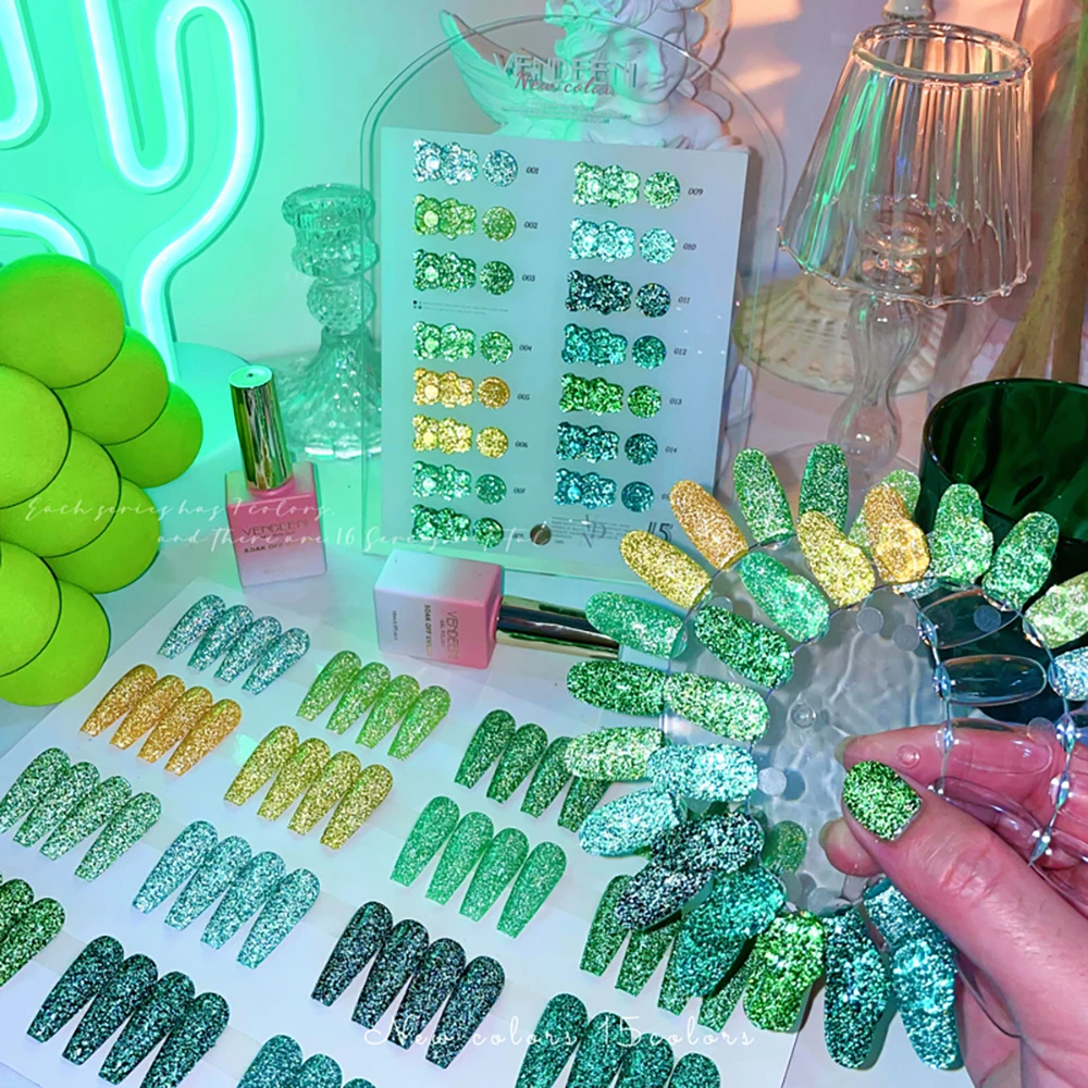 Vendeeni TPO HEMA FREE 15 Farben Grüner Glitzer Broken Diamond Gel Nagellack Set Flash UV LED Soak Off Gel Lack mit Display – Detail 11