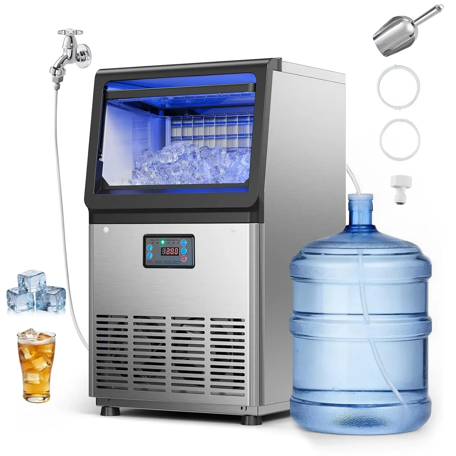 Commercial Ice Maker Machine, 90 lbs/24h with 13 lbs Storage Capacity, Dual Water Inlet Countertop/Freestanding/Under Counter, S