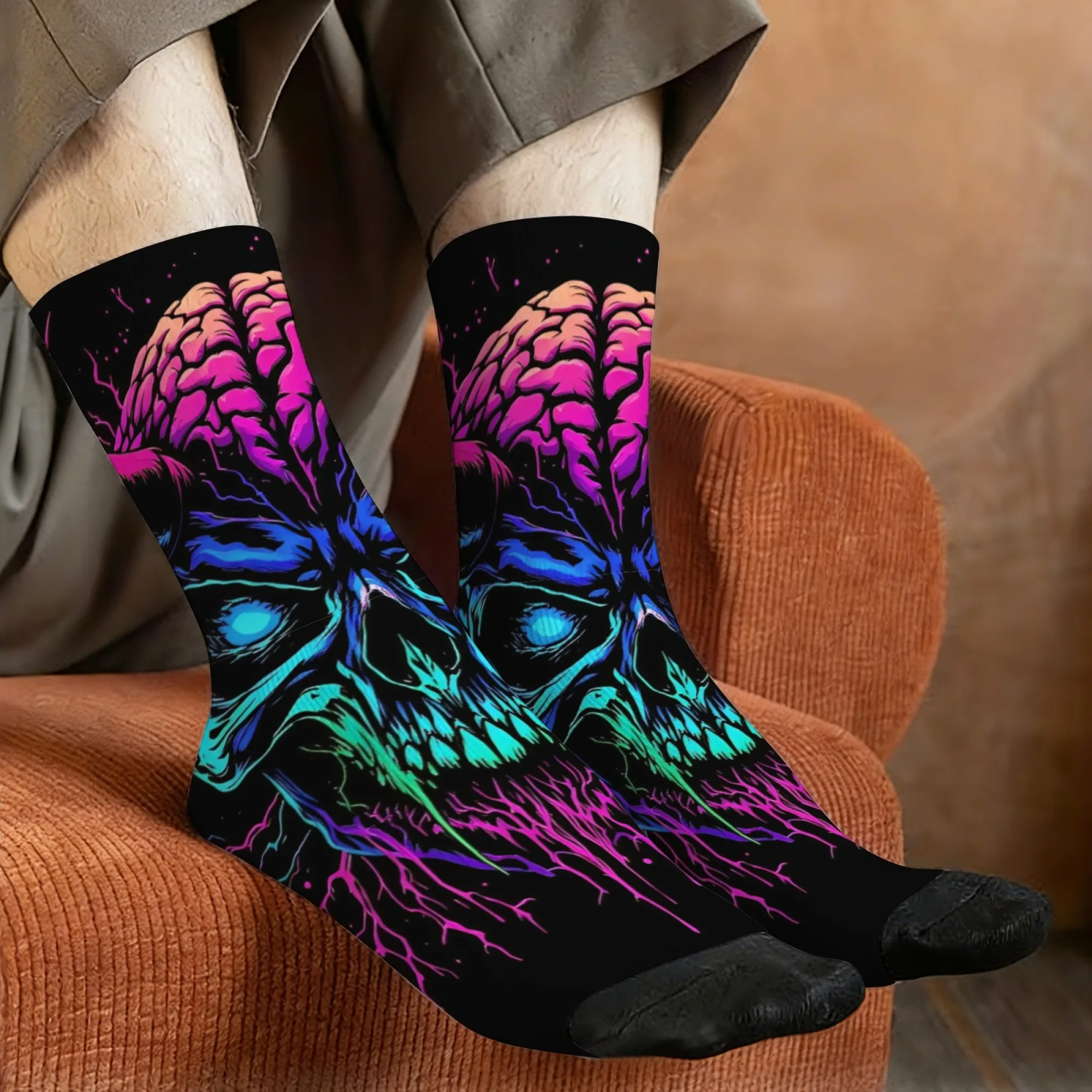Harajuku Retro Cyber ​​Dark Fluorescent Skull Brain Print Men's Socks Sinich Street Trend Punk Style Casual Socks Fun Party Gift