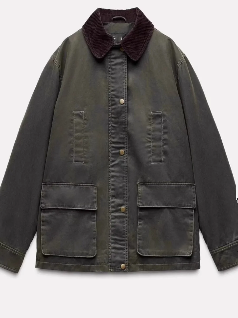 Jaet in velluto a coste di pelle cerata vestibilità ampia con colletto rialzato per donna Autunno Inverno Capispalla Faion Poliestere di media lunghezza