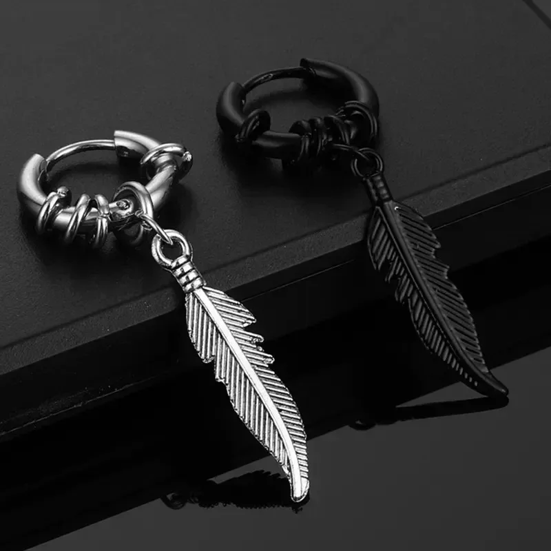 2pcs Fashion Cross Feather Stud Earrings, Punk Rock Style For Women Men High Quality Stainless Steel Hiphop Ear Jewelry