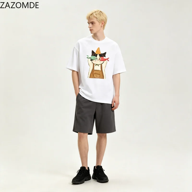 ZAZOMDE  Street Hip Hop Hand Painted Kitten Pattern Tshirt Unisex Summer Loose Short Sleeve Trendy Aesthetic Casual Tops