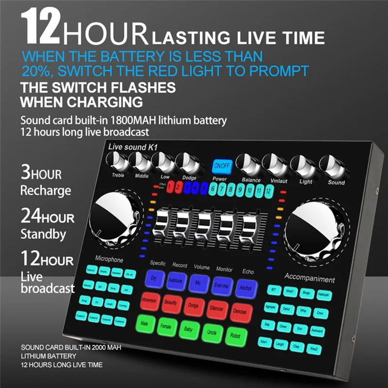ABJG-K1 بطاقة الصوت الحية المحمولة بلوتوث كارت الصوت مهنة قابل للتعديل حجم الصوت ل