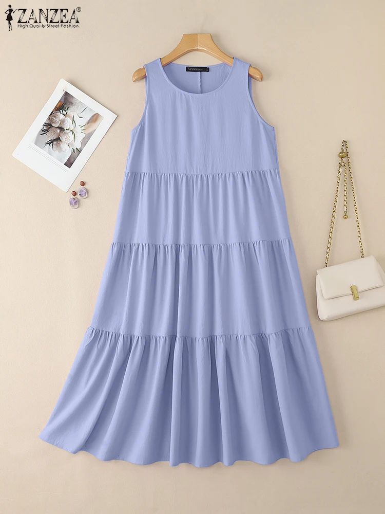 Zanzea sem mangas midi vestidos femininos 2025 verão casual o-pescoço em camadas a linha robes femme férias cor sólida vestido de verão S-3XL