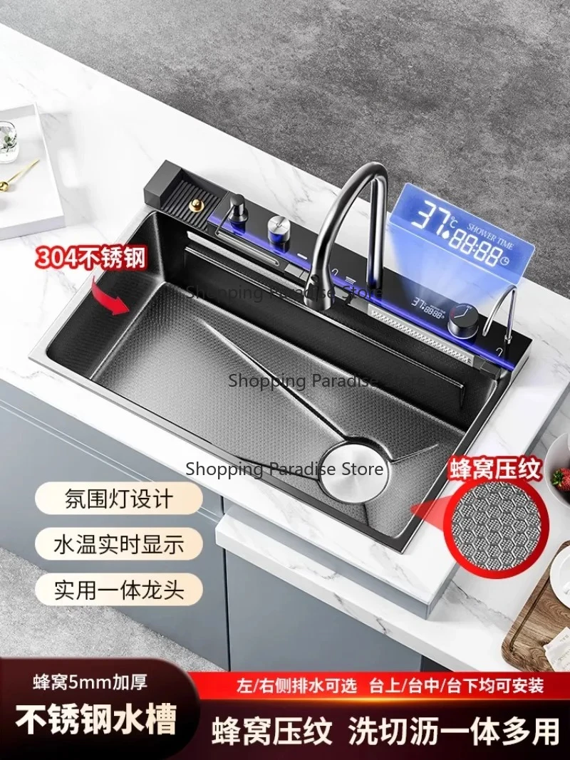 Large Single Slot Kitchen Vegetable Basin 304 Stainless Steel Waterfall Sink Thickened Handmade Drainboard for Household Use