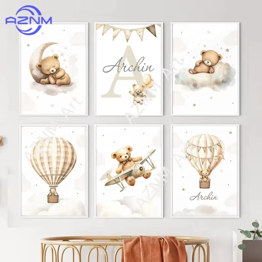 1/6pcs Cute Bear Balloon Aircraft Moon Cloud Balloon Nursery Wall Art Canvas Painting Posters And Prints Pictures Room Decor