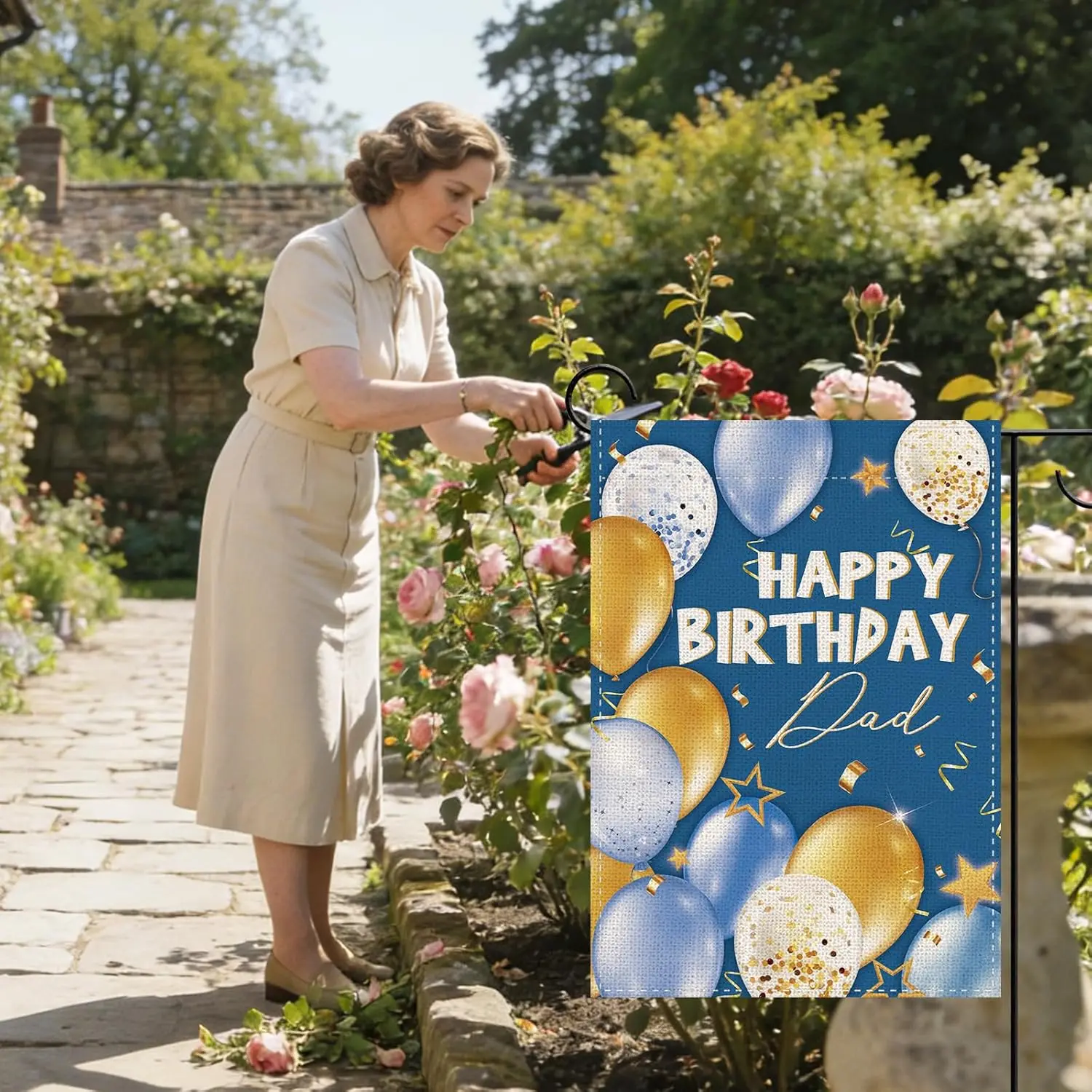 Happy Birthday Dad Balloons Decorative Garden Flag, Blue Gifts for Father Daddy Papa Small Yard Outside Decoration, Father&# jjp